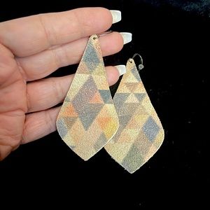 Leather multi colored abstract large earrings $15